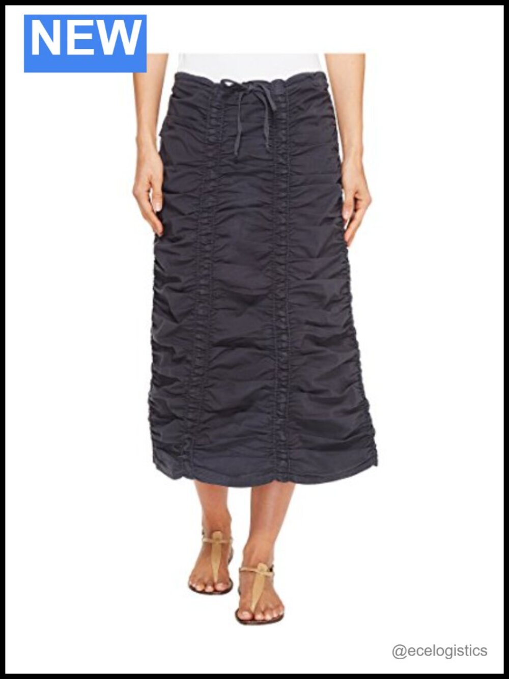 XCVI Stretch Poplin Double Shirred Panel Skirt Midi A-Line Drawstring